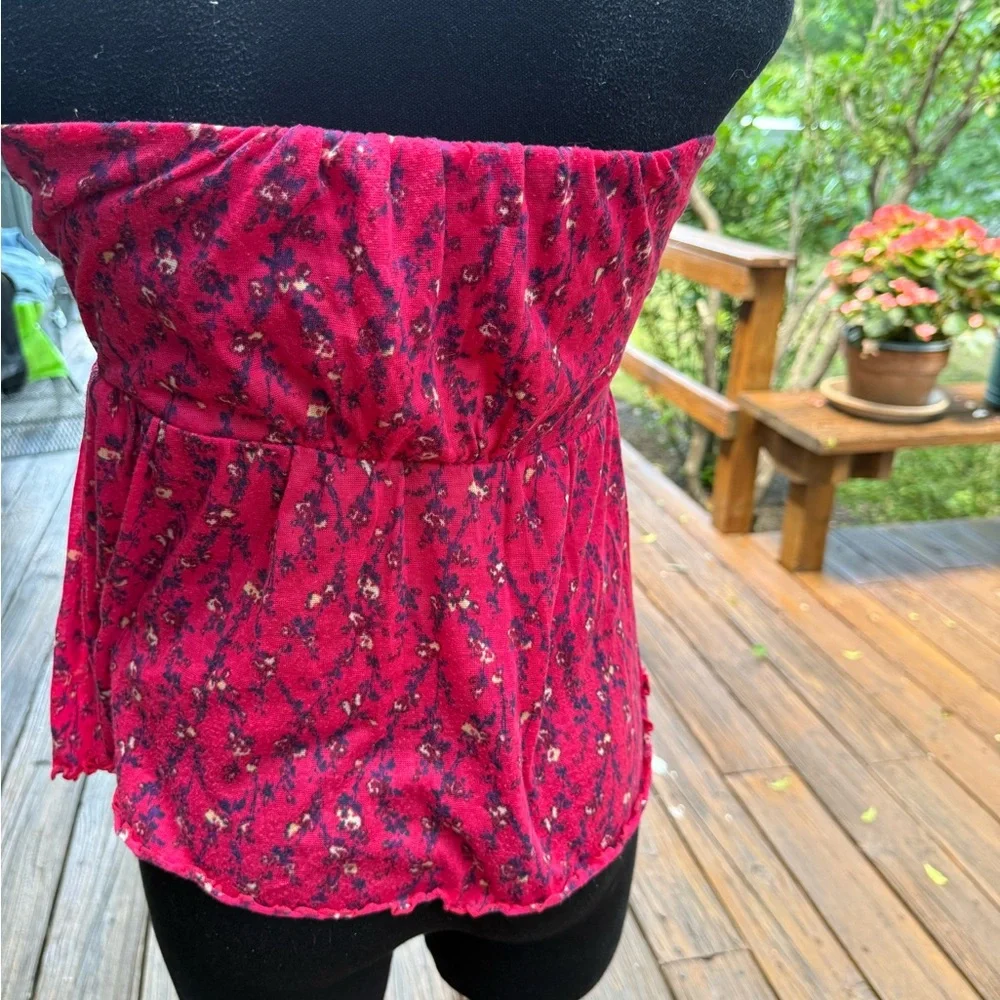Free People‎ Red Floral Strapless Tube Top Babydoll Empire Waist Lettuce Hem SM